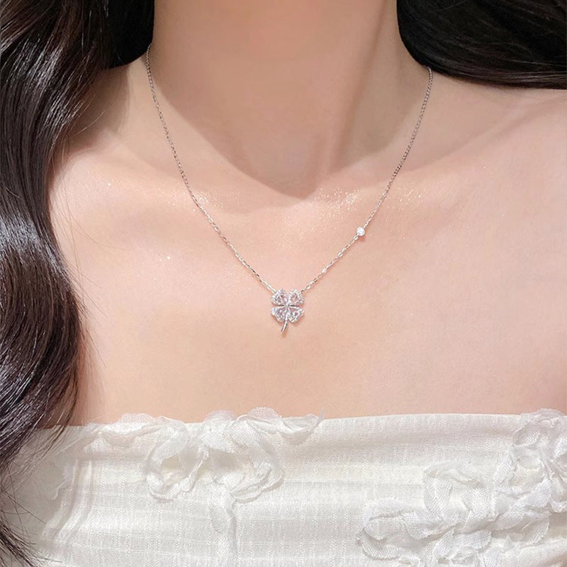 Teach sterling silver 999 exquisite zircon four-leaf clover necklace women's light luxury fashion high-end flower sterling silver collarbone chain
