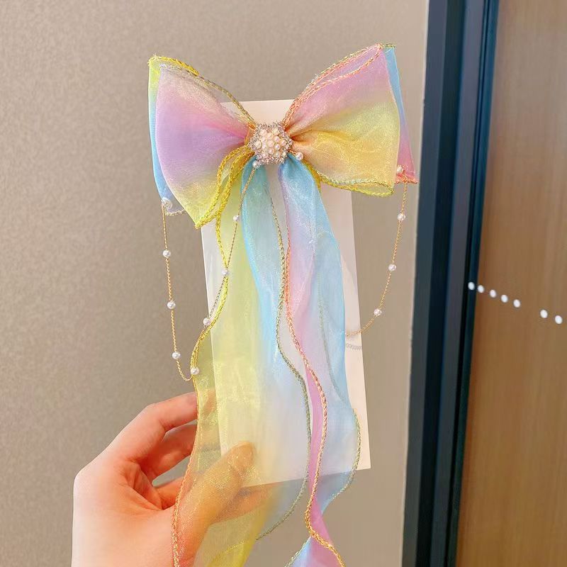 キッズ 女の子 リボン ヘアクリップ ロングリボン タッセル プリンセス風 可愛い ヘアアクセサリー