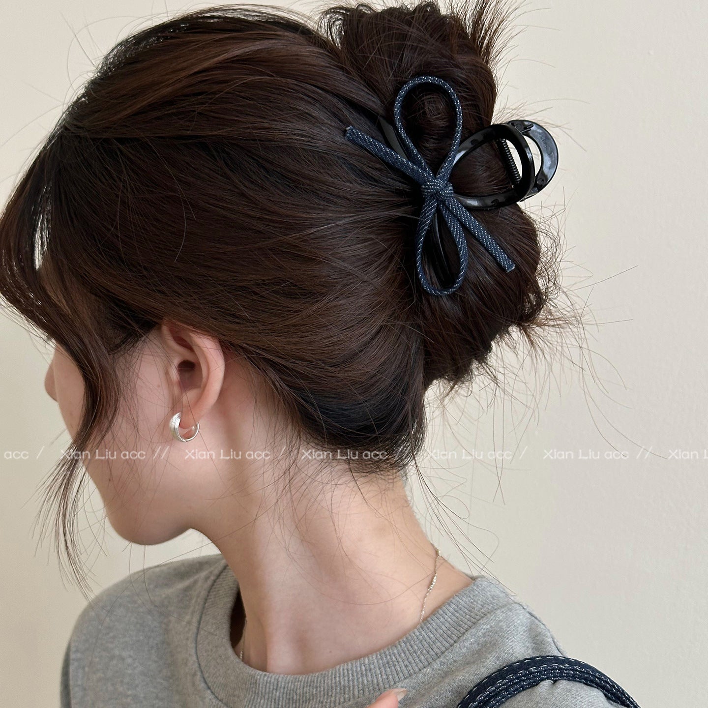 デニム風 ブルー リボン バンスクリップ カスタム対応 レディース ヘアアクセサリー