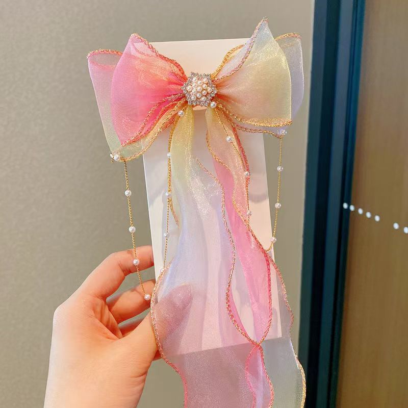 キッズ 女の子 リボン ヘアクリップ ロングリボン タッセル プリンセス風 可愛い ヘアアクセサリー