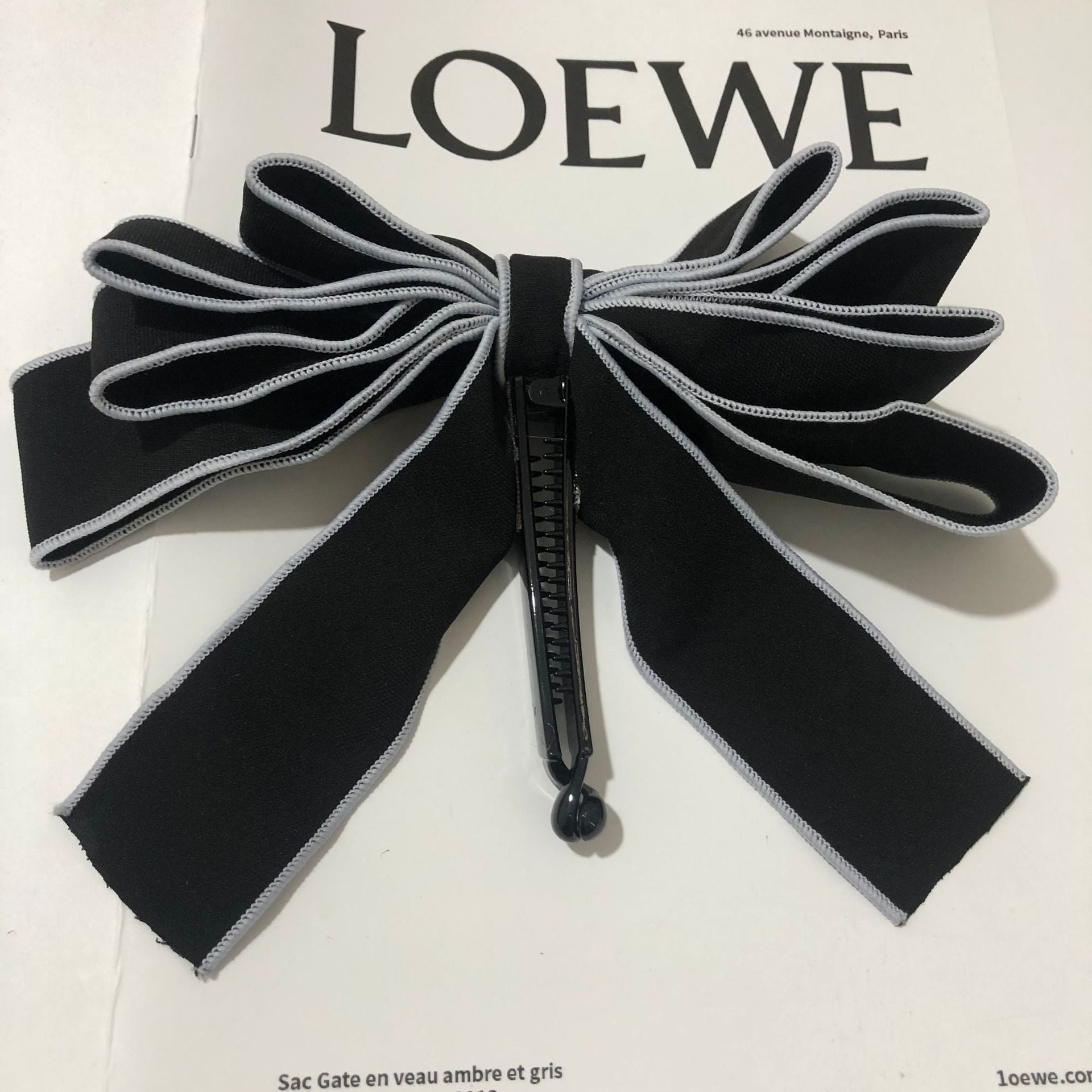 リボン バナナクリップ ツイード風 パール付き レトロ 上品 レディース ヘアアクセサリー
