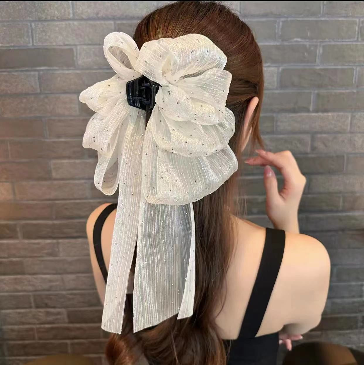チュール リボン バンスクリップ 大きめ まとめ髪 上品 レディース ヘアアクセサリー