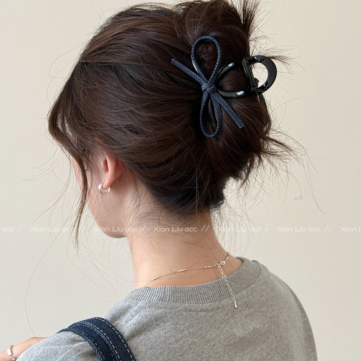 デニム風 ブルー リボン バンスクリップ カスタム対応 レディース ヘアアクセサリー