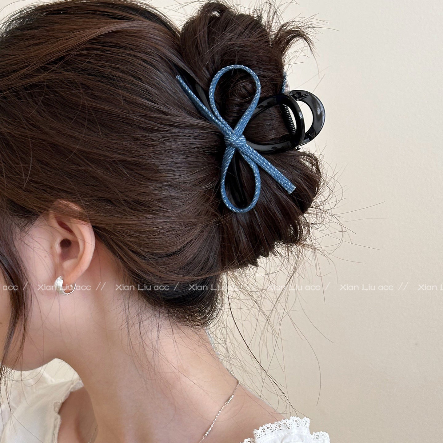 デニム風 ブルー リボン バンスクリップ カスタム対応 レディース ヘアアクセサリー