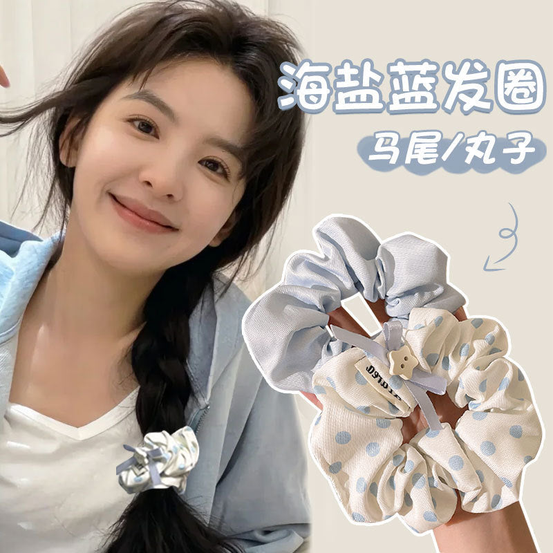 ブルー ドット柄 シュシュ 森系デザイン 清涼感 夏向け お団子ヘア ヘアゴム レディース