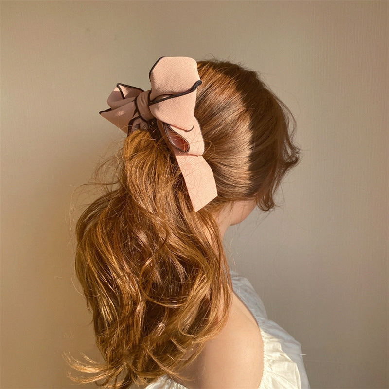 リボン バナナクリップ ツイード風 パール付き レトロ 上品 レディース ヘアアクセサリー