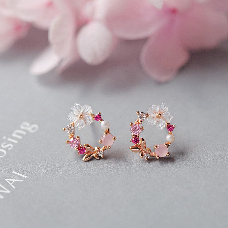 S925シルバー フラワーリースデザイン パール ピアス 小顔効果 上品 桜モチーフ レディース