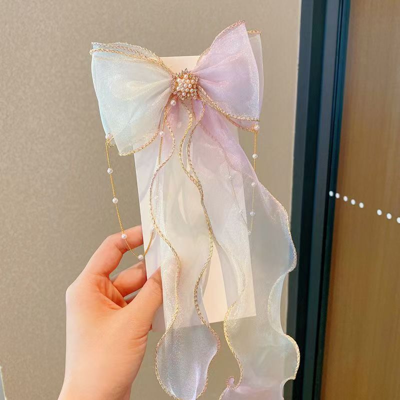 キッズ 女の子 リボン ヘアクリップ ロングリボン タッセル プリンセス風 可愛い ヘアアクセサリー