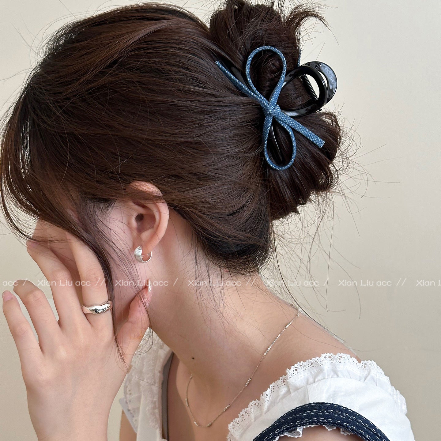 デニム風 ブルー リボン バンスクリップ カスタム対応 レディース ヘアアクセサリー