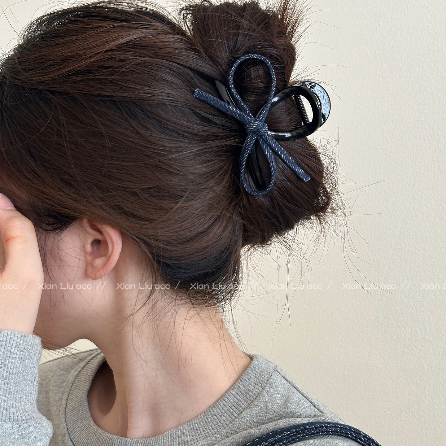 デニム風 ブルー リボン バンスクリップ カスタム対応 レディース ヘアアクセサリー
