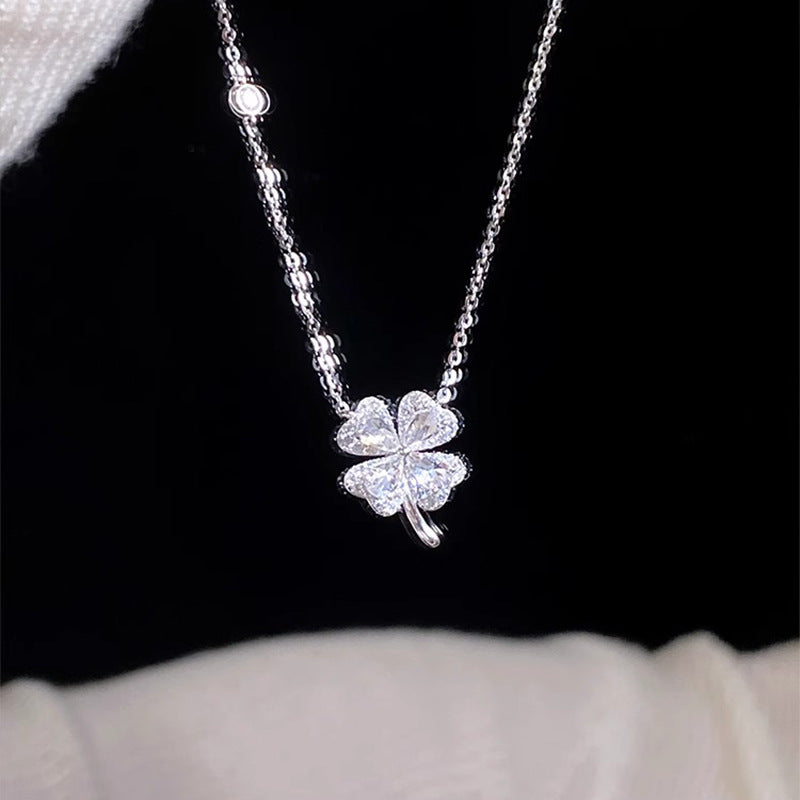 Teach sterling silver 999 exquisite zircon four-leaf clover necklace women's light luxury fashion high-end flower sterling silver collarbone chain